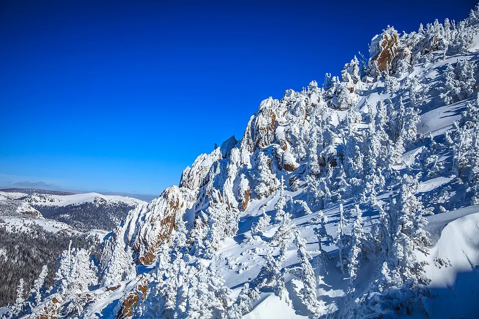 Ladera rocosa y árboles cubiertos de nieve en Mammoth Mountain.